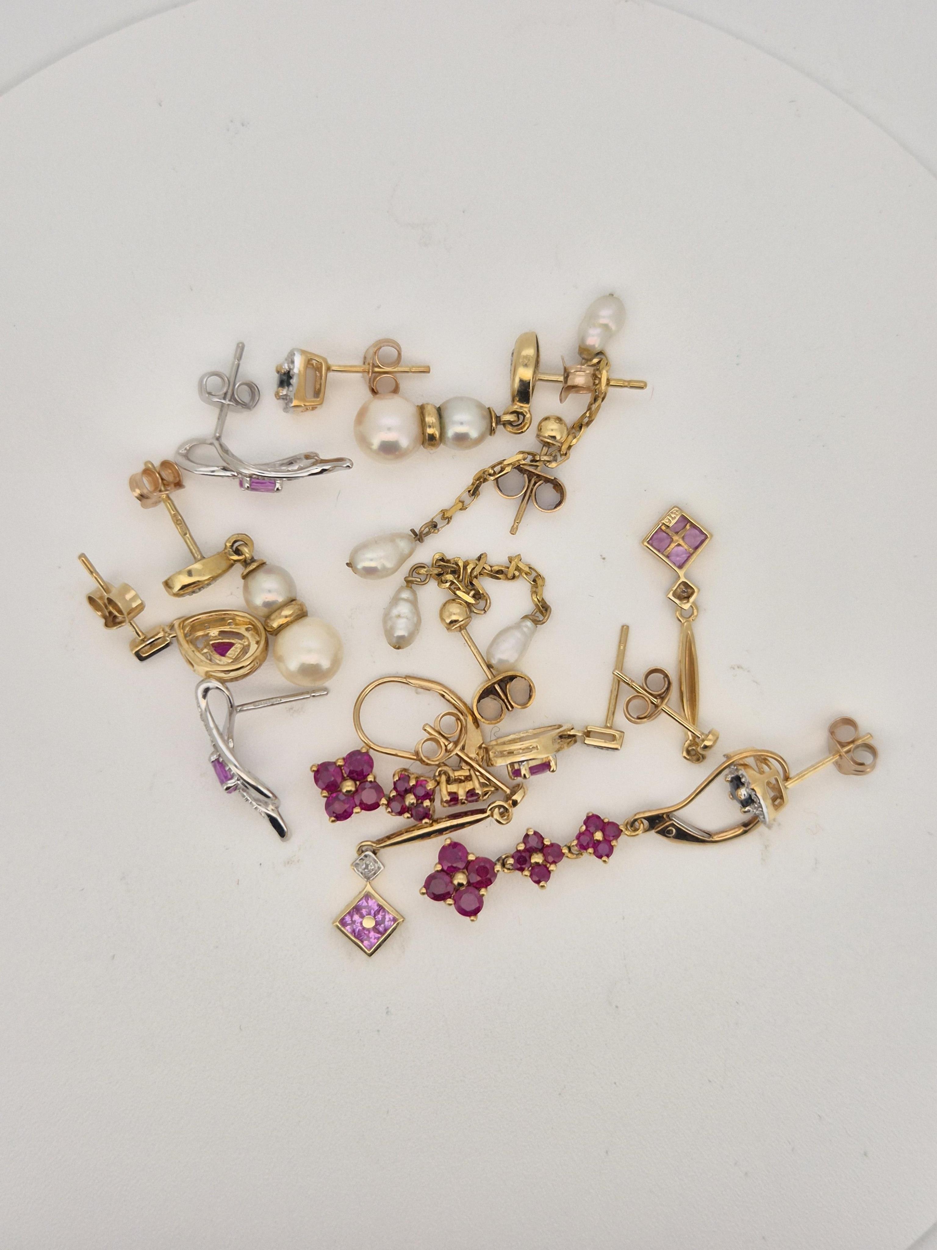 Seven assorted pairs of modern 9ct and gem set earrings, including ruby and diamond pear shaped cluster, sapphire and diamond square cluster, freshwater pearl double drop and two stone cultured pearl with diamond chip.